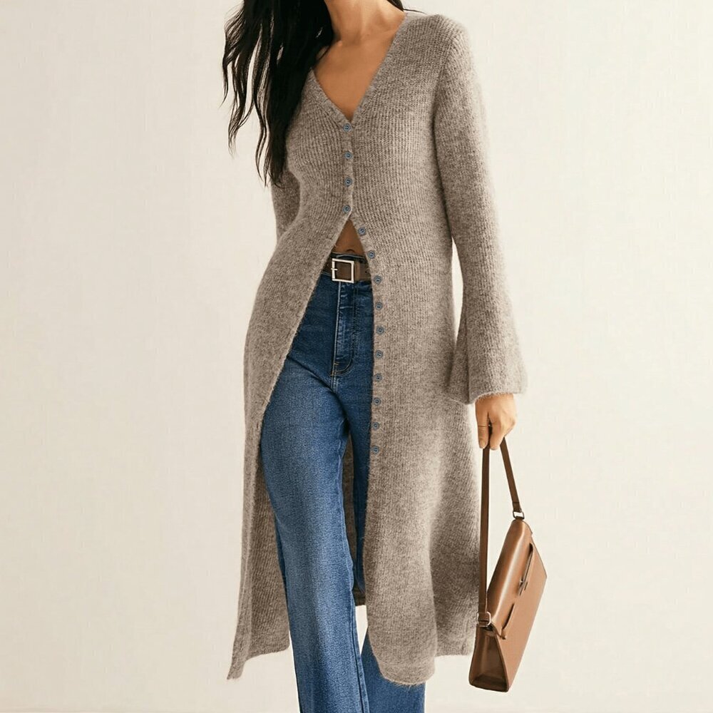 Khaki Casual Women's Slim Fit Elegant Knit Cardigan Flared Sleeves